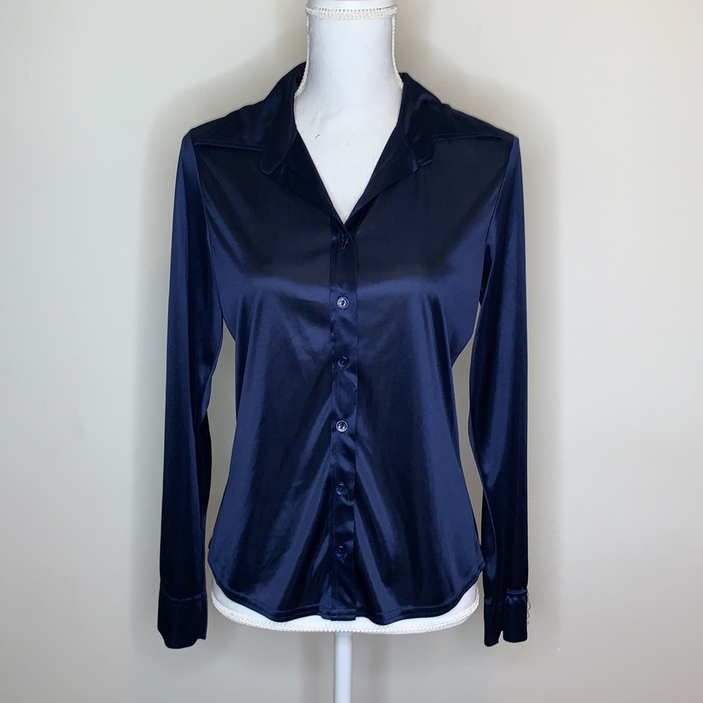 Anxiety Cafe | Silky Soft Button Down Navy Top